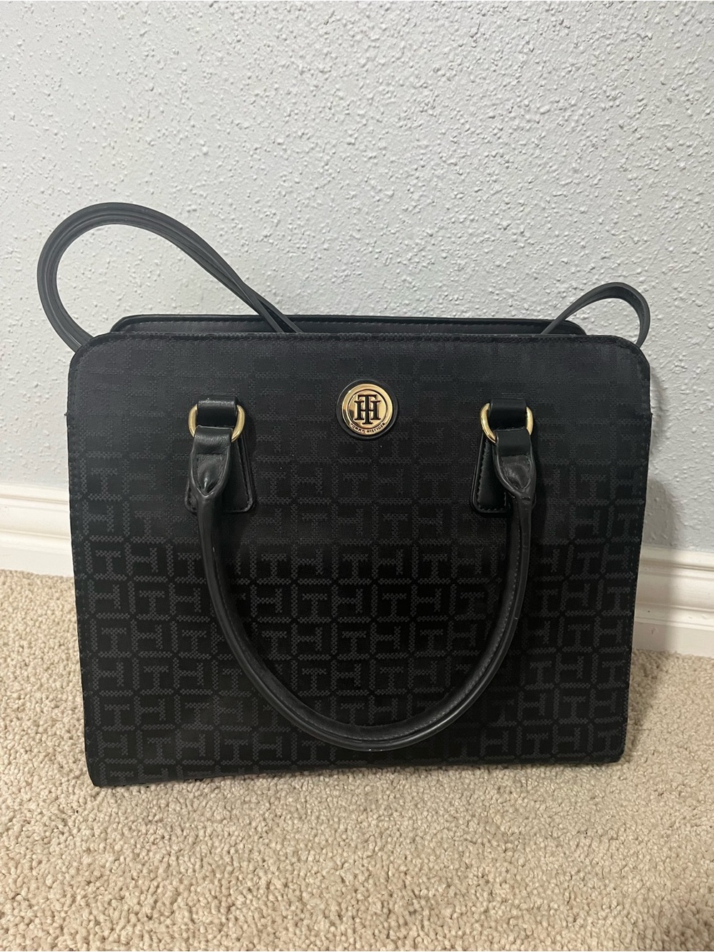 Tommy Hilfiger Black Monogram Tote Satchel